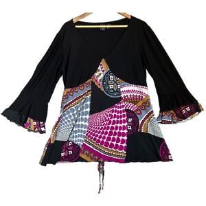Suzie In The City Tunic XL Black Retro V Neck Baby Doll Tie Back Ruffle Sleeve